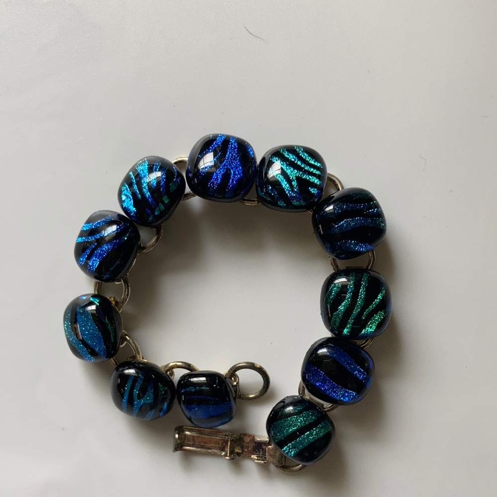 Silver blue dichroic glass bracelet